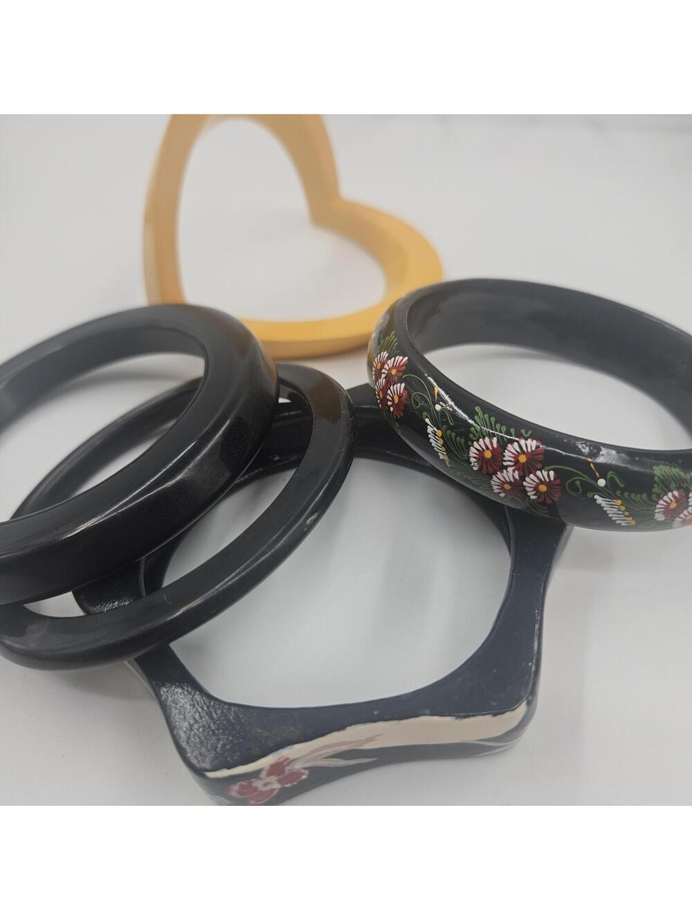 Vintage Bangle Bracelet Lot 5 Painted Wood Black Lucite Resin Butterscotch Boho